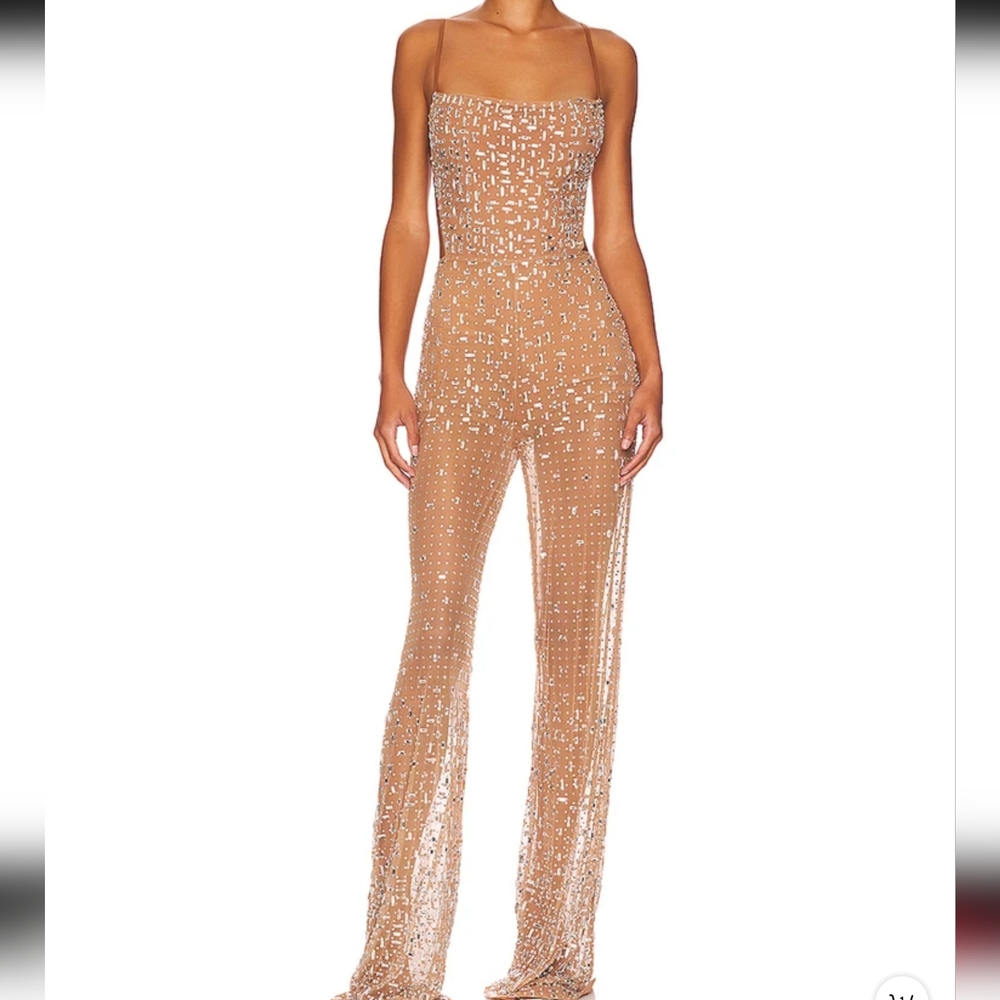 Sexy Straps Perspective Mesh Crystal Diamond jumpsuit Women Apricot Sleeveless - Picture 5 of 7
